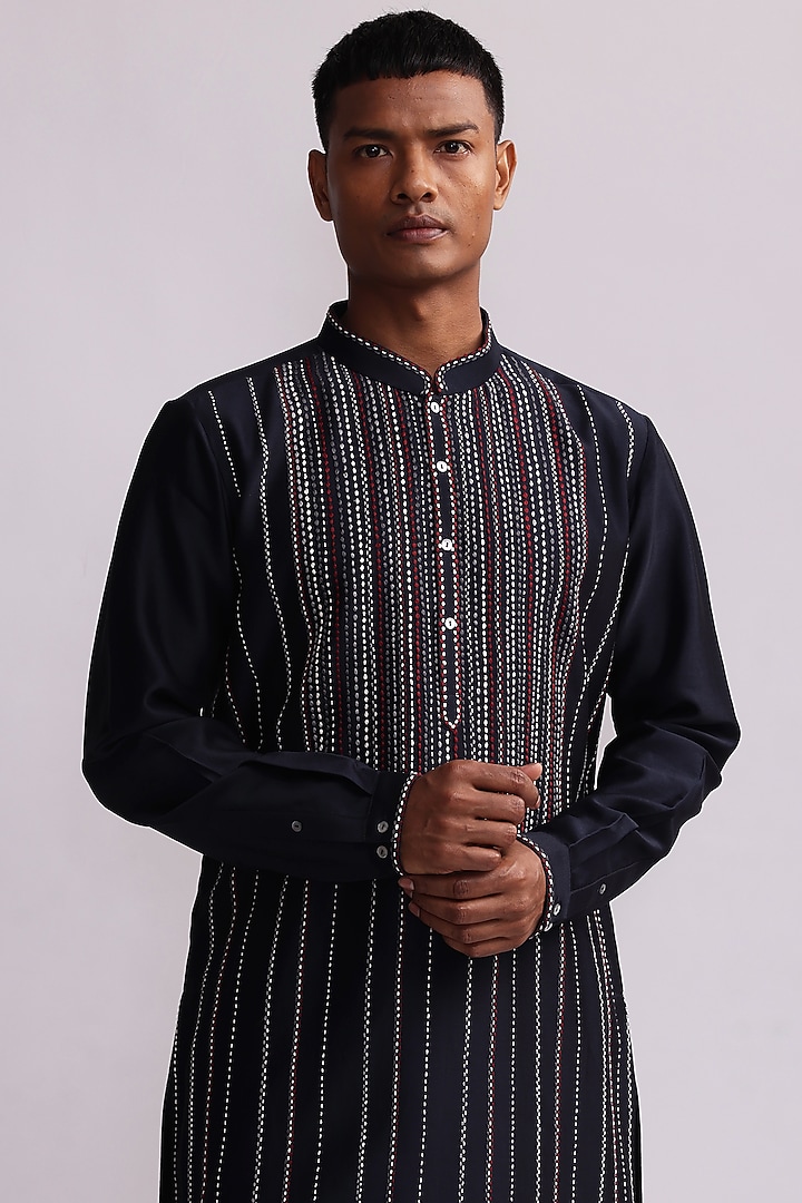 Navy Blue Chanderi Hand Embroidered Kurta Set by Countrymade at Pernia's Pop Up Shop