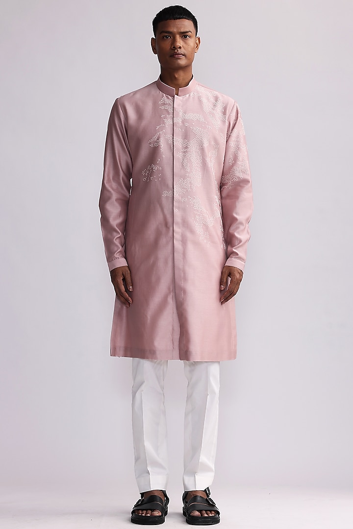 Old Rose Pink Chanderi Printed Front-Open Kurta by Countrymade