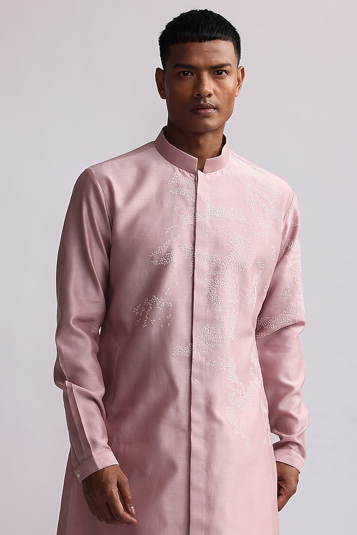 Old Rose Pink Chanderi Embroidered Kurta Set by Countrymade at Pernia's Pop Up Shop