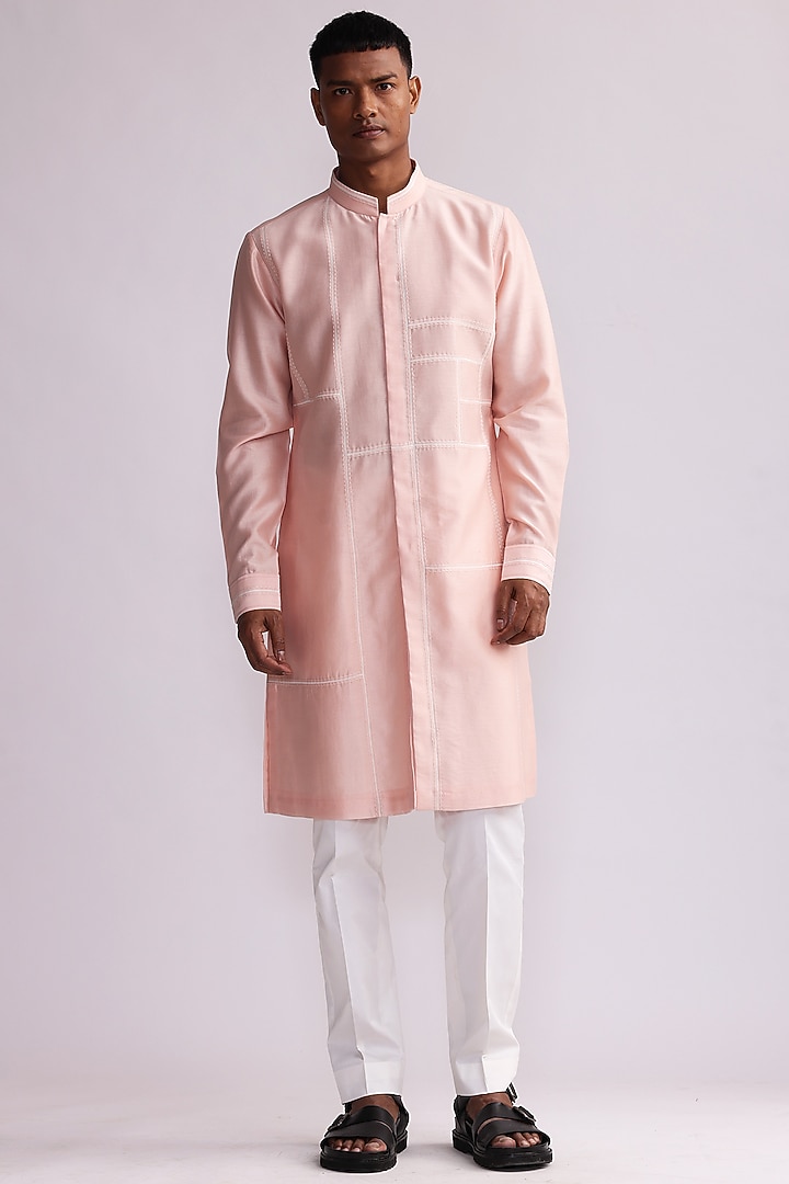 Old Rose Pink Chanderi Patched Embroidered Kurta Set by Countrymade at Pernia's Pop Up Shop