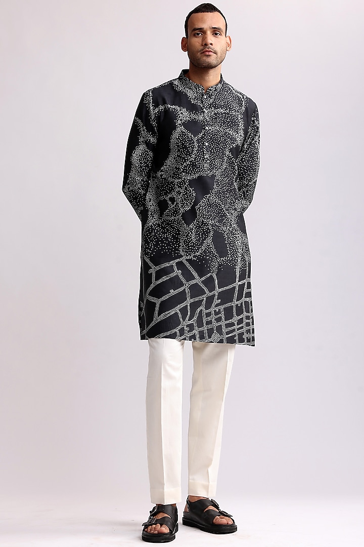 Charcoal Grey Silk Printed Kurta by Countrymade