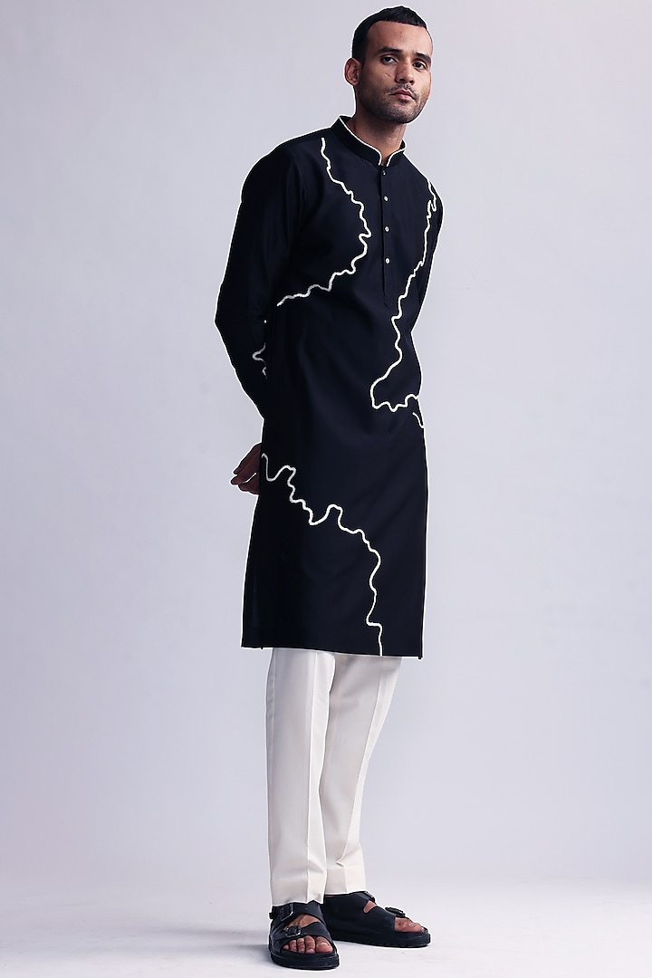 Navy Blue Chanderi Embroidered Kurta Set by Countrymade