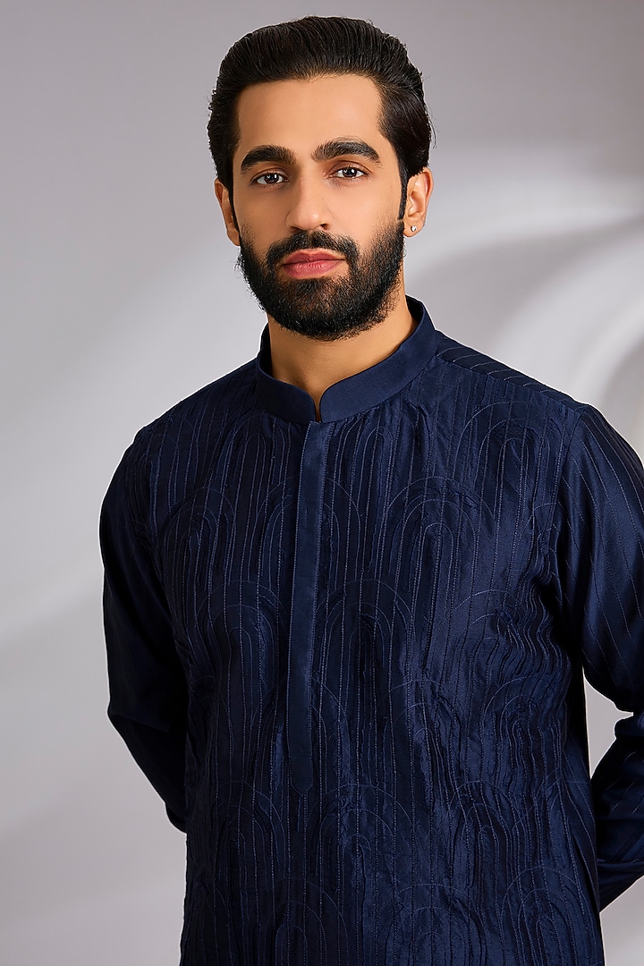Navy Blue Silk Kurta Set by Countrymade at Pernia's Pop Up Shop