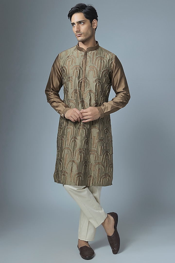 Olive Brown Chanderi Kurta Set by Countrymade at Pernia's Pop Up Shop