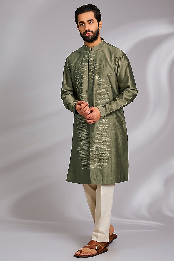Light Olive Silk Kurta Set by Countrymade at Pernia's Pop Up Shop