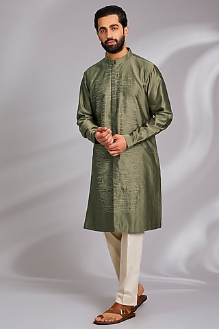 Light Olive Silk Kurta Set by Countrymade