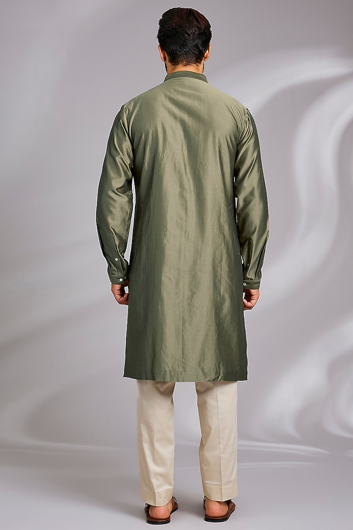 Light Olive Silk Kurta Set by Countrymade at Pernia's Pop Up Shop