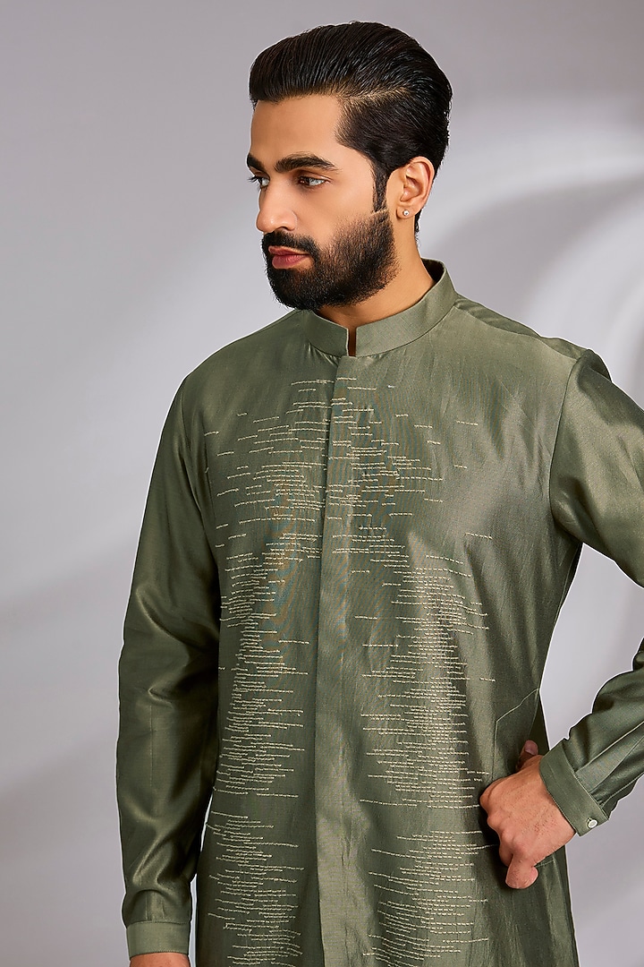 Light Olive Silk Kurta Set by Countrymade at Pernia's Pop Up Shop