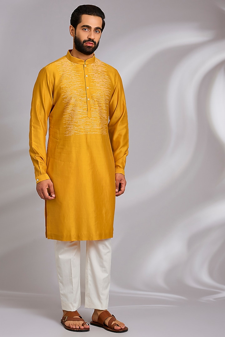 Mustard Silk Kurta Set by Countrymade at Pernia's Pop Up Shop