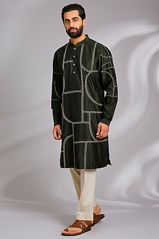 Olive Silk Kurta Set by Countrymade