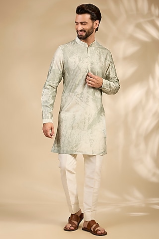 Sea Green Silk Printed Kurta by Countrymade