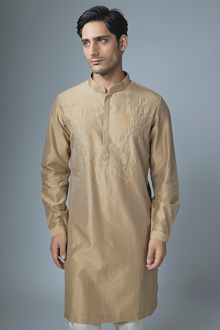 Light Taupe Chanderi Kurta Set by Countrymade at Pernia's Pop Up Shop