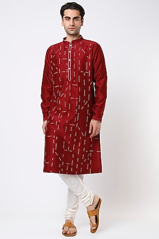 Maroon Cotton Silk Zardosi Embroidered Kurta Set by Countrymade