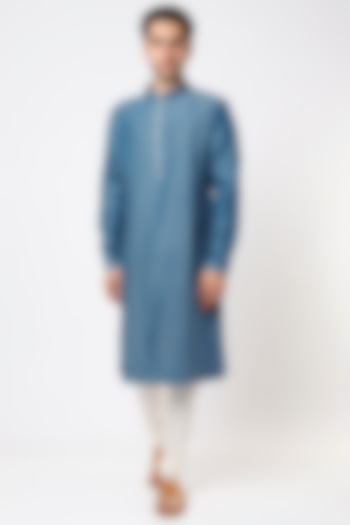 Blue Embroidered Pintucked Kurta Set by Countrymade