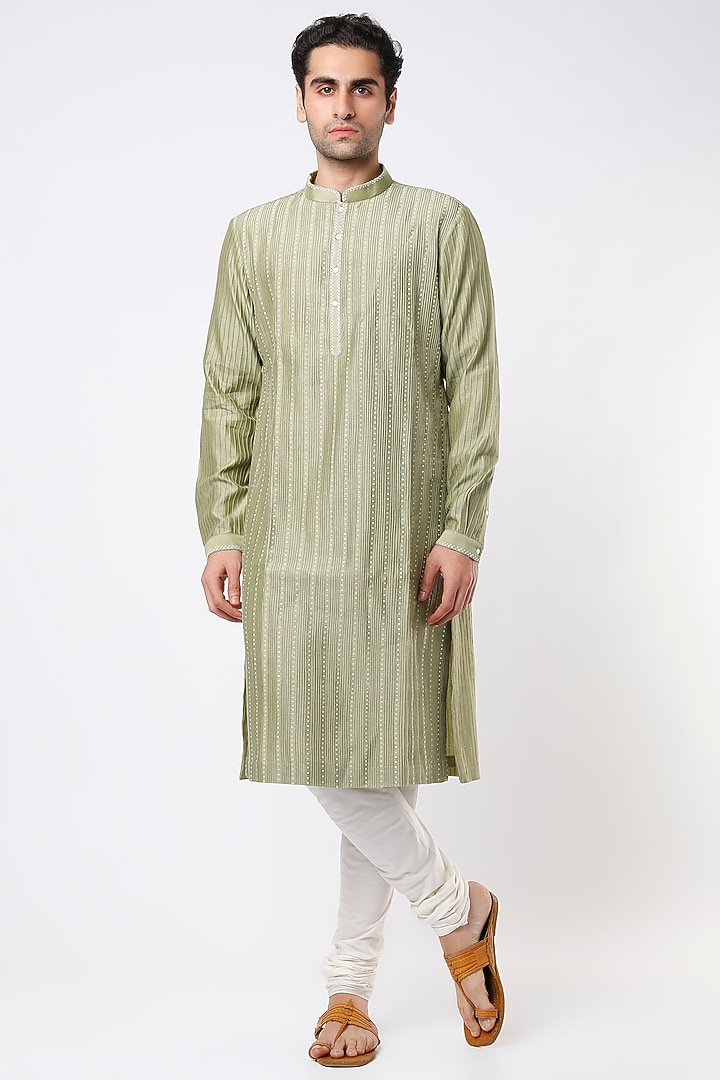 Mehendi Green Cotton Silk Zardosi Embroidered Kurta Set by Countrymade at Pernia's Pop Up Shop