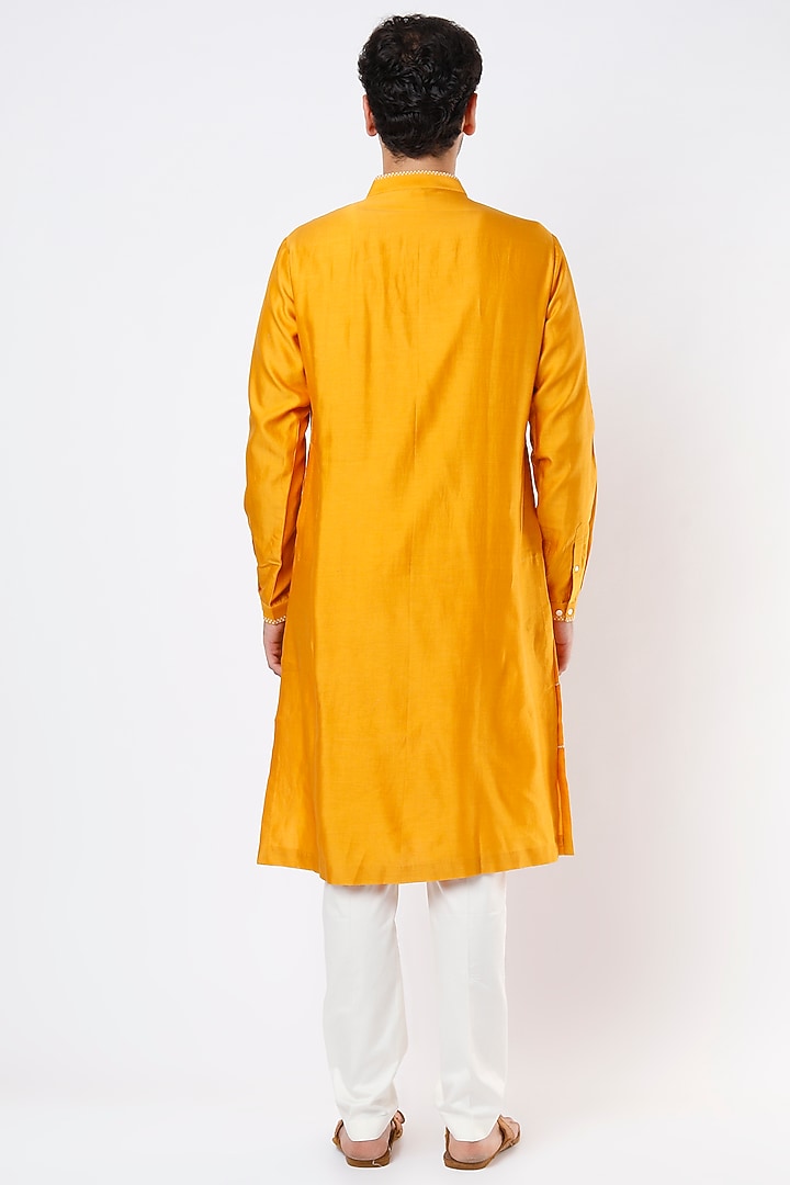 Mustard Cotton Silk Zardosi Hand Embroidered Kurta Set by Countrymade at Pernia's Pop Up Shop