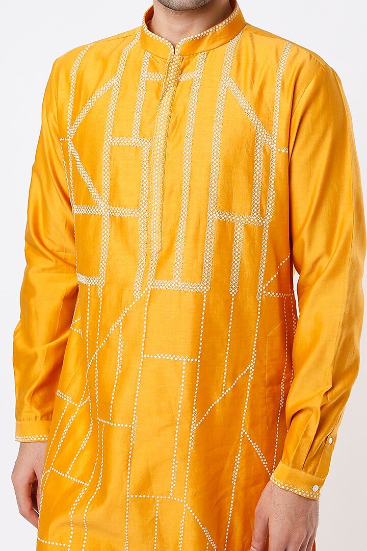 Mustard Cotton Silk Zardosi Hand Embroidered Kurta Set by Countrymade at Pernia's Pop Up Shop