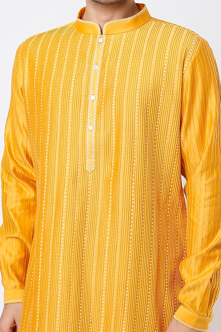 Mustard Cotton Silk Zardosi Embroidered Kurta Set by Countrymade at Pernia's Pop Up Shop