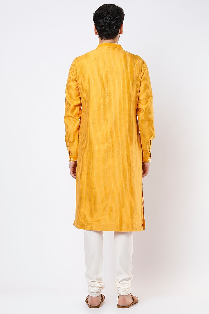 Mustard Cotton Silk Zardosi Hand Embroidered Kurta Set by Countrymade at Pernia's Pop Up Shop