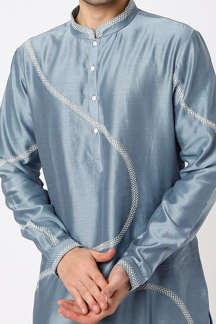Blue Cotton Silk Zardosi Hand Embroidered Kurta Set by Countrymade at Pernia's Pop Up Shop