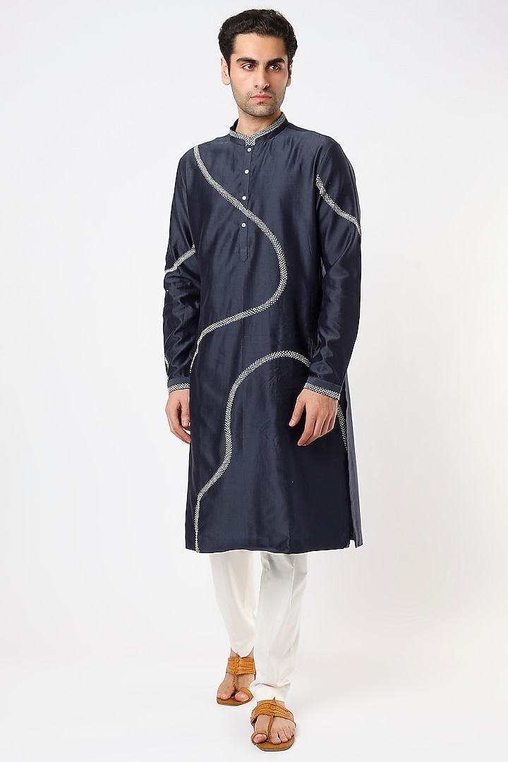 Dark Blue Hand Embroidered Kurta Set by Countrymade