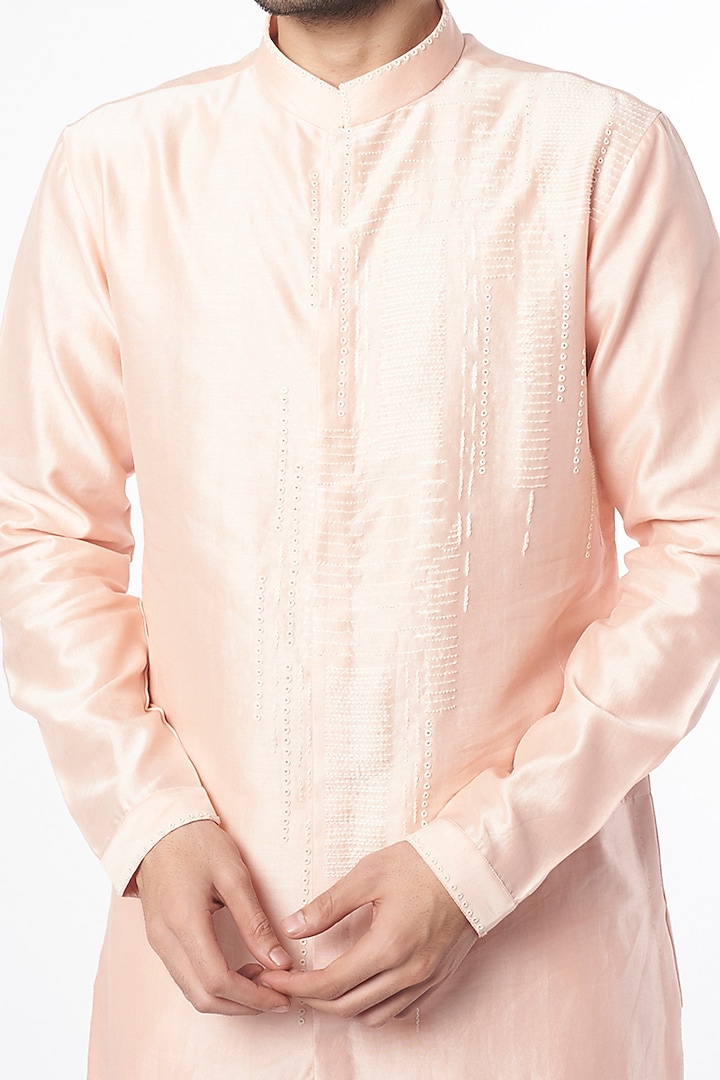 Blush Pink Cotton Silk Hand Embroidered Kurta Set by Countrymade at Pernia's Pop Up Shop