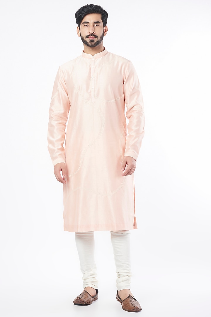 Blush Pink Cotton Silk Zardosi Hand Embroidered Kurta Set by Countrymade at Pernia's Pop Up Shop