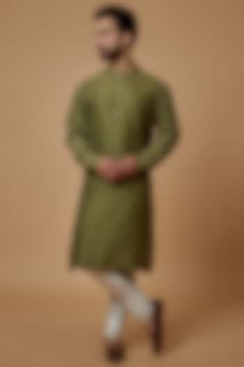 Olive Green Cotton Silk Hand Embroidered Kurta Set by Countrymade