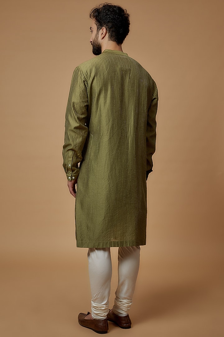 Olive Green Cotton Silk Hand Embroidered Kurta Set by Countrymade at Pernia's Pop Up Shop