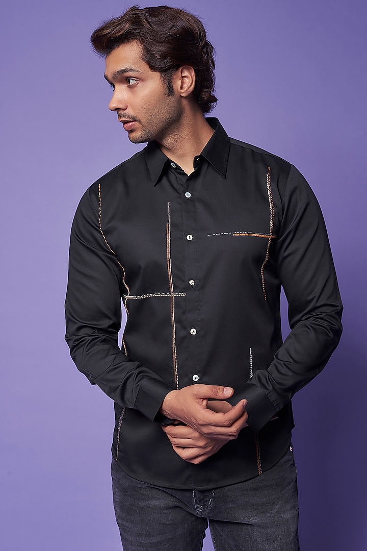 Black Cotton Satin Hand Embroidered Shirt by Countrymade