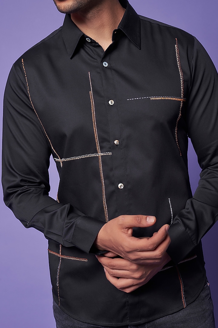 Black Cotton Satin Hand Embroidered Party Wear Shirt by Countrymade at Pernia's Pop Up Shop
