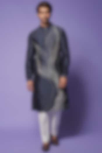 Midnight Blue Chanderi Hand Embroidered Kurta Set by Countrymade at Pernia's Pop Up Shop