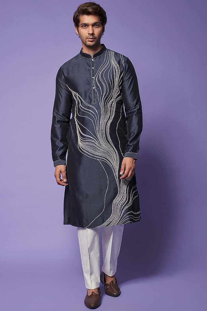 Midnight Blue Chanderi Hand Embroidered Kurta Set by Countrymade at Pernia's Pop Up Shop
