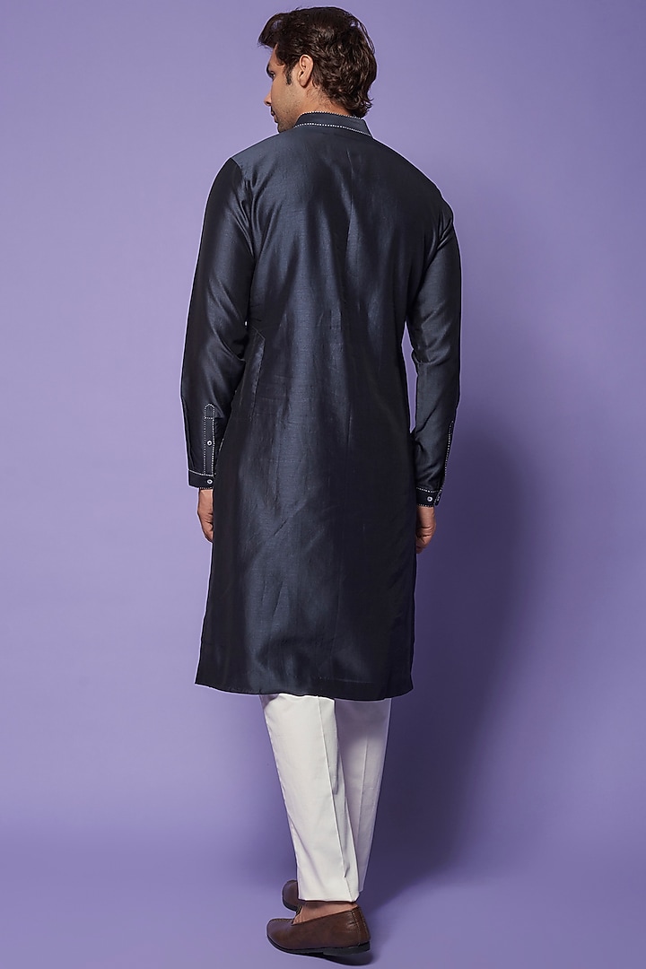 Midnight Blue Chanderi Hand Embroidered Kurta Set by Countrymade at Pernia's Pop Up Shop