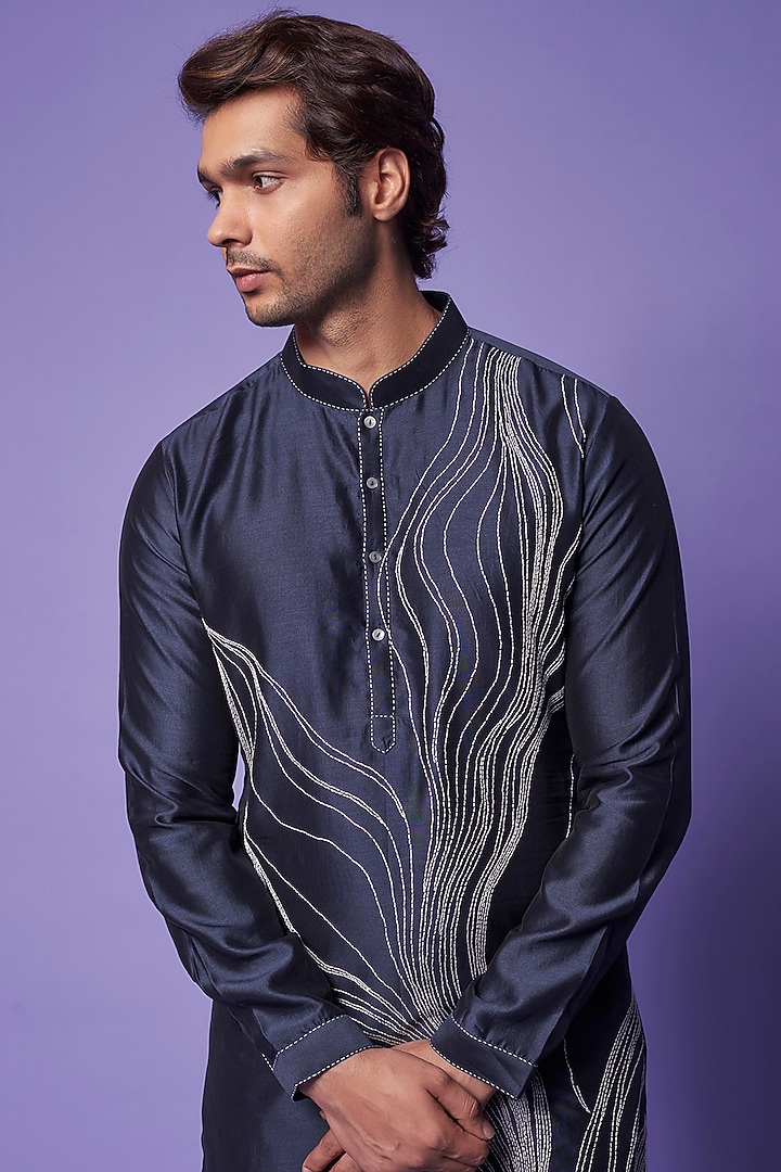 Midnight Blue Chanderi Hand Embroidered Kurta Set by Countrymade at Pernia's Pop Up Shop