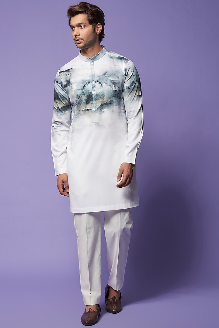 White Khadi Cotton Printed Kurta by Countrymade