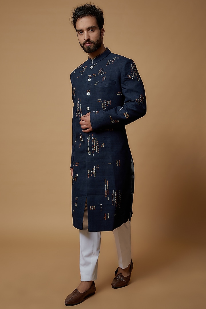 Navy Blue Cotton Silk Embroidered Sherwani Set by Countrymade