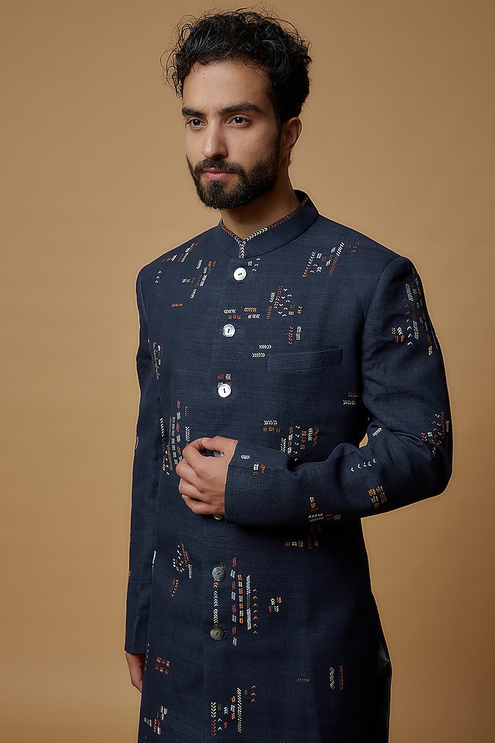 Navy Blue Cotton Silk Embroidered Wedding Sherwani Set by Countrymade at Pernia's Pop Up Shop