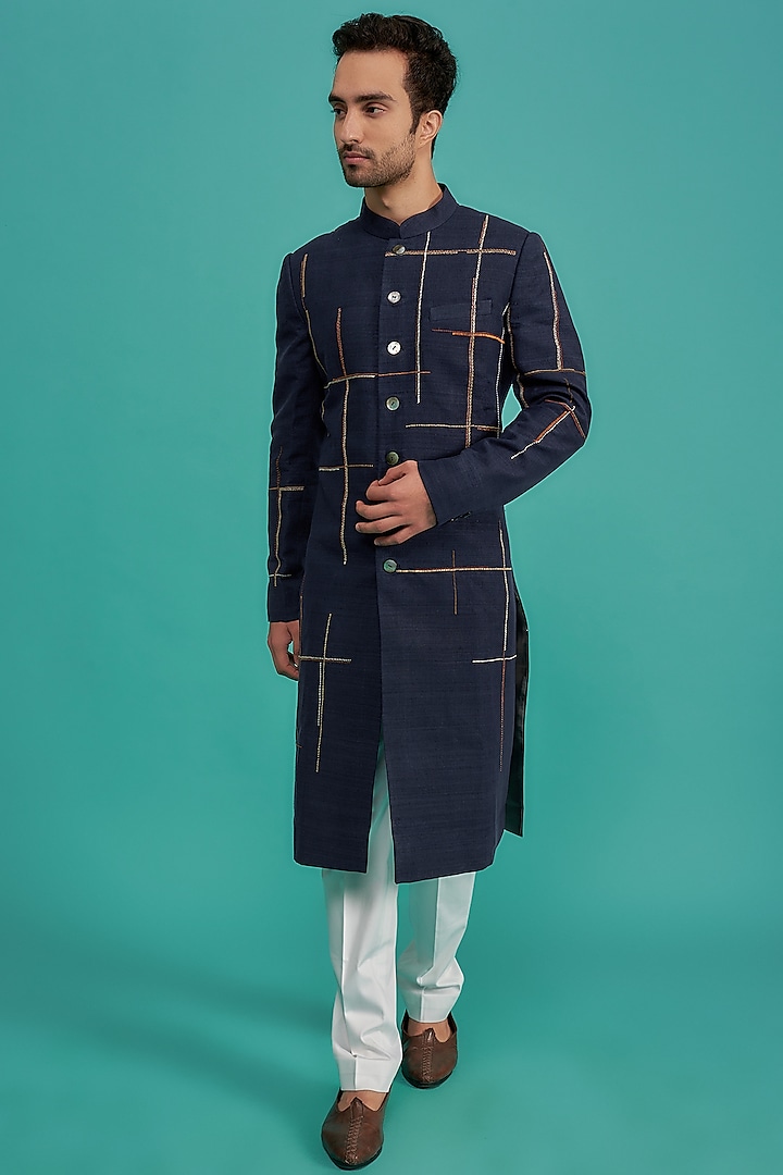 Navy Blue Cotton Silk Hand Embroidered Sherwani Set by Countrymade