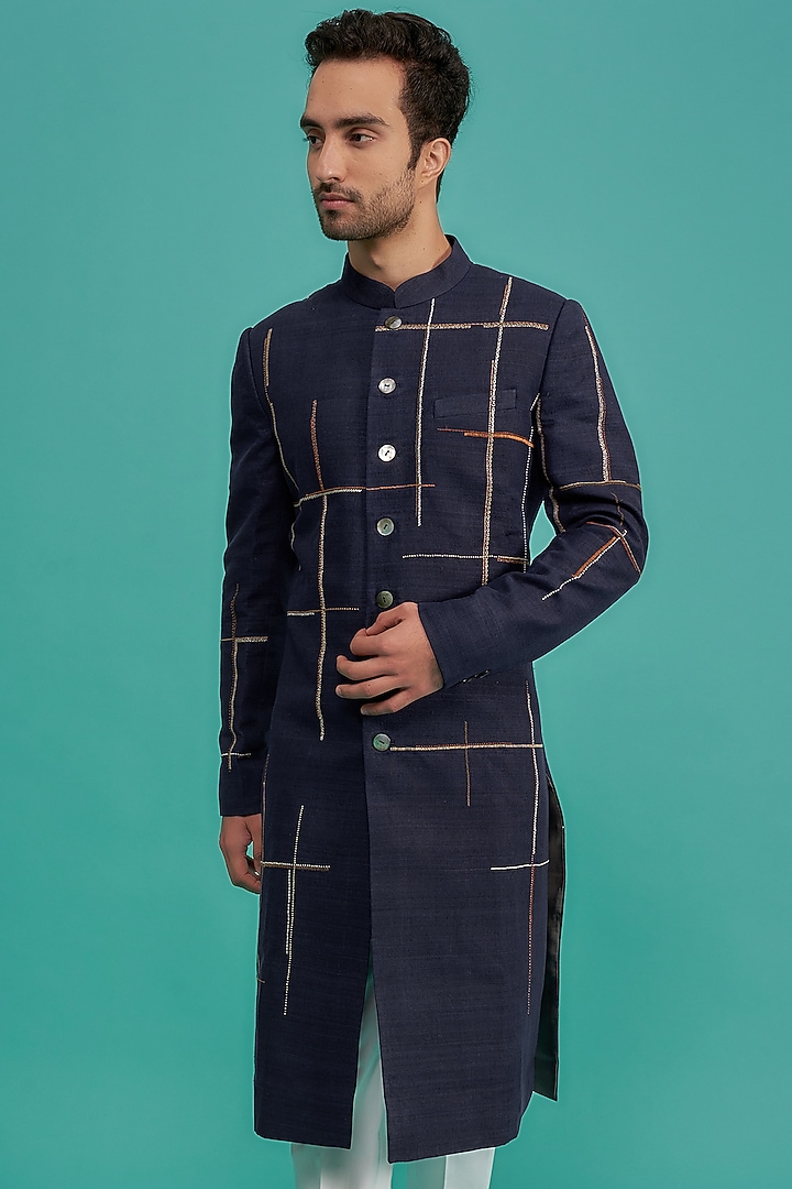 Navy Blue Cotton Silk Hand Embroidered Wedding Sherwani Set by Countrymade at Pernia's Pop Up Shop