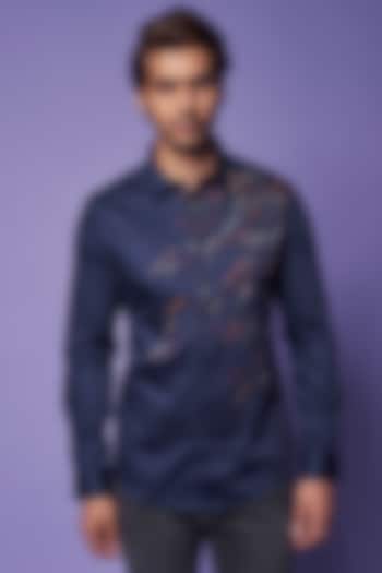 Navy Blue Cotton Satin Hand Embroidered Party Wear Shirt by Countrymade at Pernia's Pop Up Shop