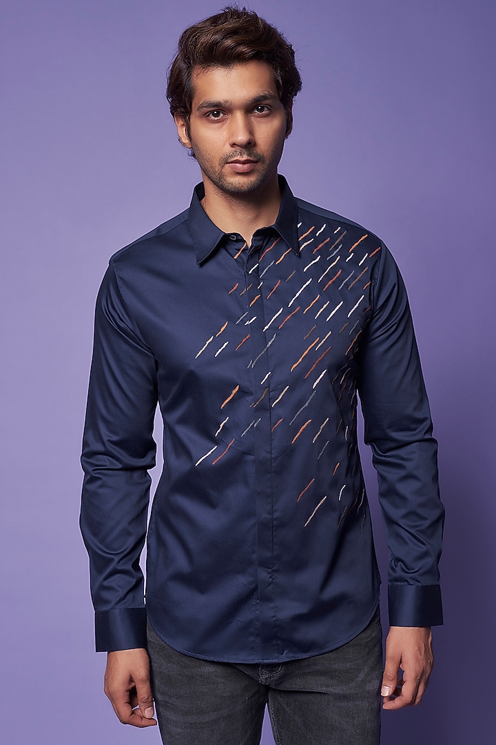 Navy Blue Cotton Satin Hand Embroidered Party Wear Shirt by Countrymade at Pernia's Pop Up Shop