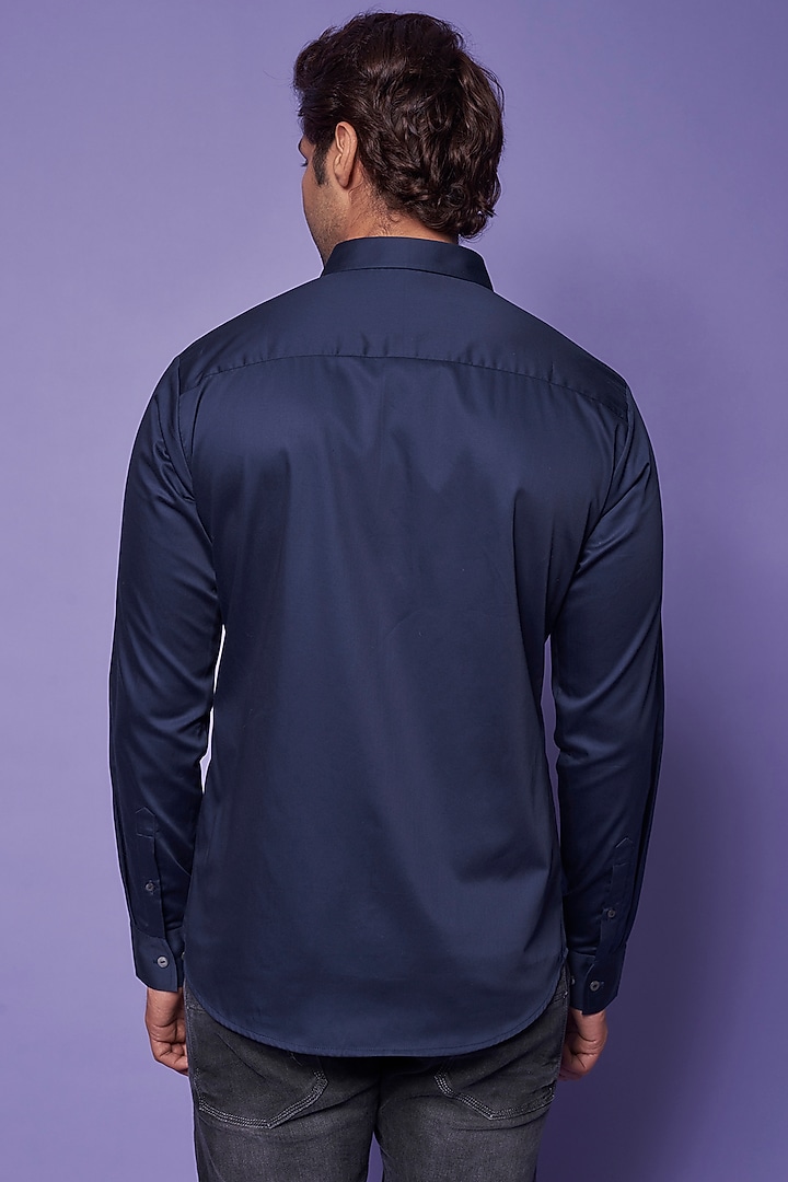 Navy Blue Cotton Satin Hand Embroidered Party Wear Shirt by Countrymade at Pernia's Pop Up Shop