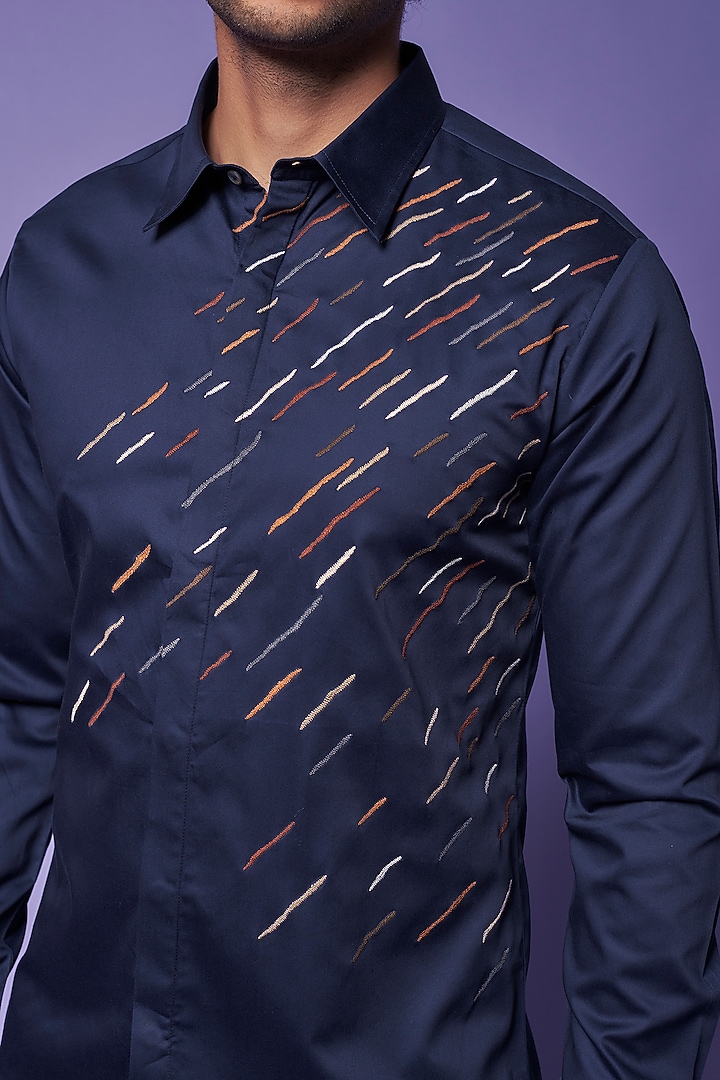 Navy Blue Cotton Satin Hand Embroidered Party Wear Shirt by Countrymade at Pernia's Pop Up Shop