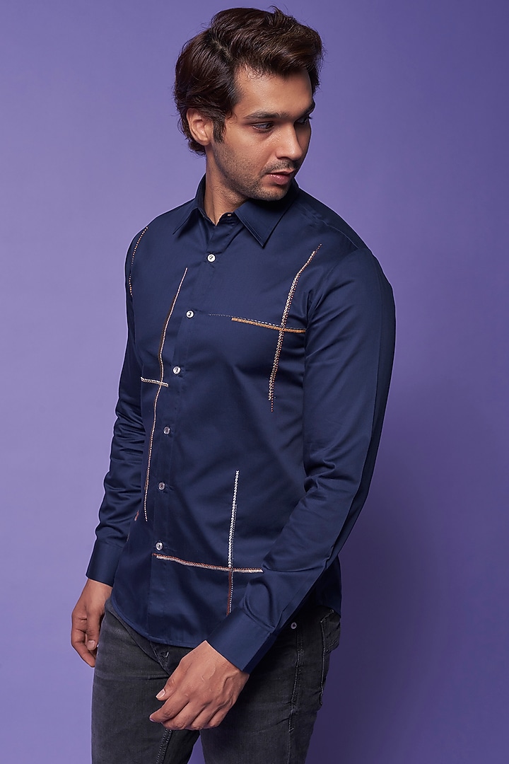 Navy Blue Cotton Satin Hand Embroidered Party Wear Shirt by Countrymade at Pernia's Pop Up Shop