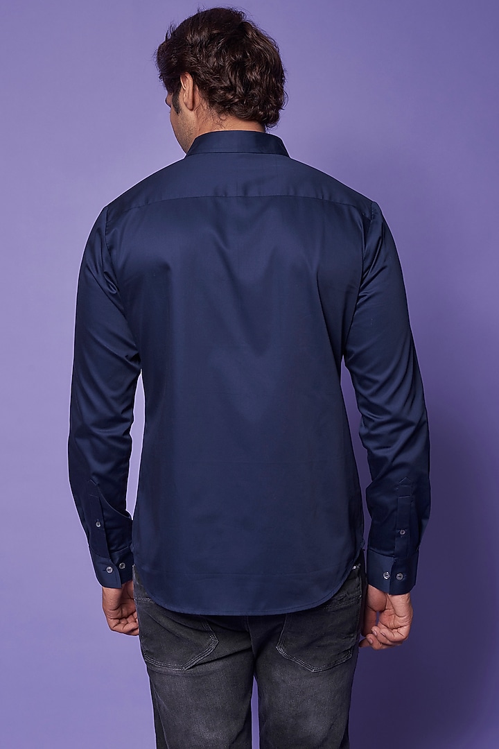 Navy Blue Cotton Satin Hand Embroidered Party Wear Shirt by Countrymade at Pernia's Pop Up Shop