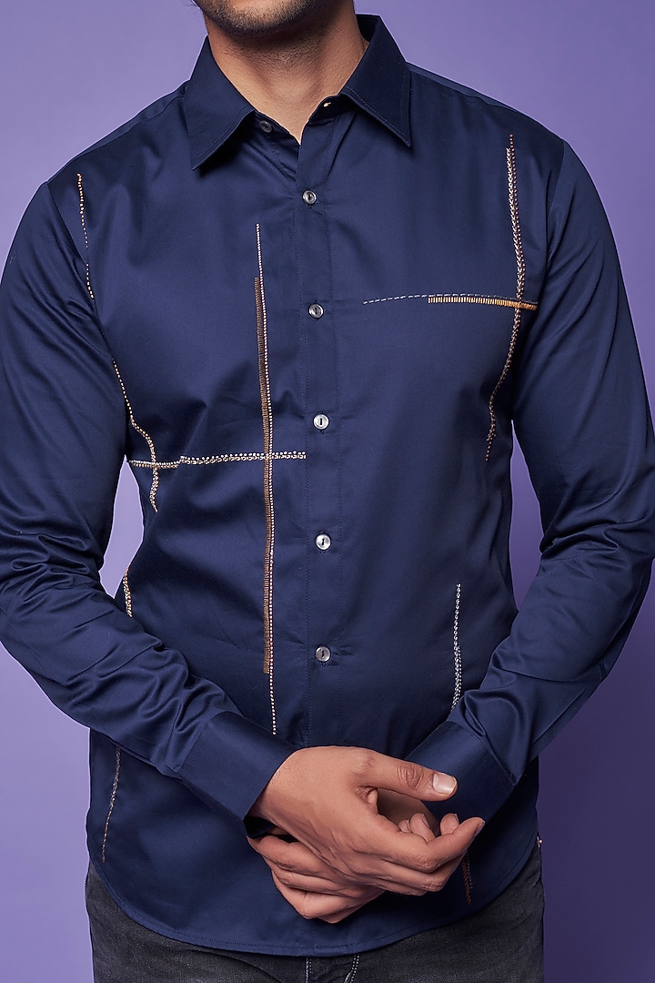 Navy Blue Cotton Satin Hand Embroidered Party Wear Shirt by Countrymade at Pernia's Pop Up Shop