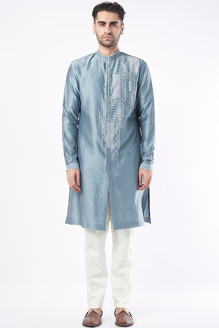 Sky Blue Cotton Silk Zardosi Embroidered Kurta Set by Countrymade at Pernia's Pop Up Shop