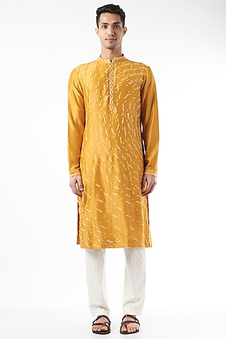 Mustard Chanderi Silk Aari Hand Embroidered Kurta Set by Countrymade