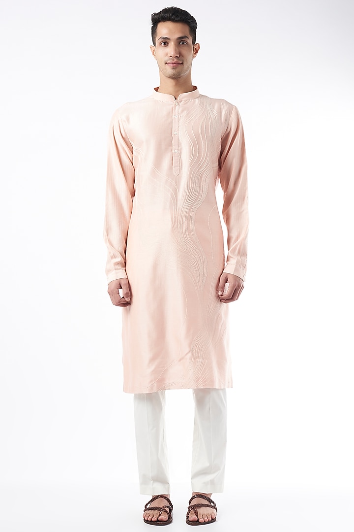 Blush Pink Chanderi Silk Printed & Embroidered Kurta Set by Countrymade at Pernia's Pop Up Shop